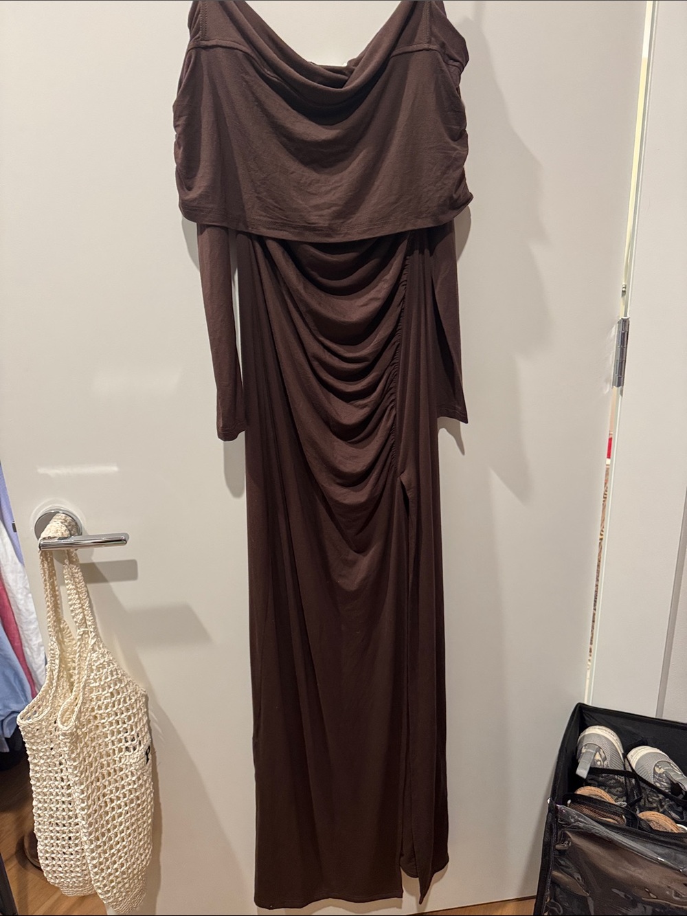 Elegant Brown Draped Long Sleeve Maxi Dress